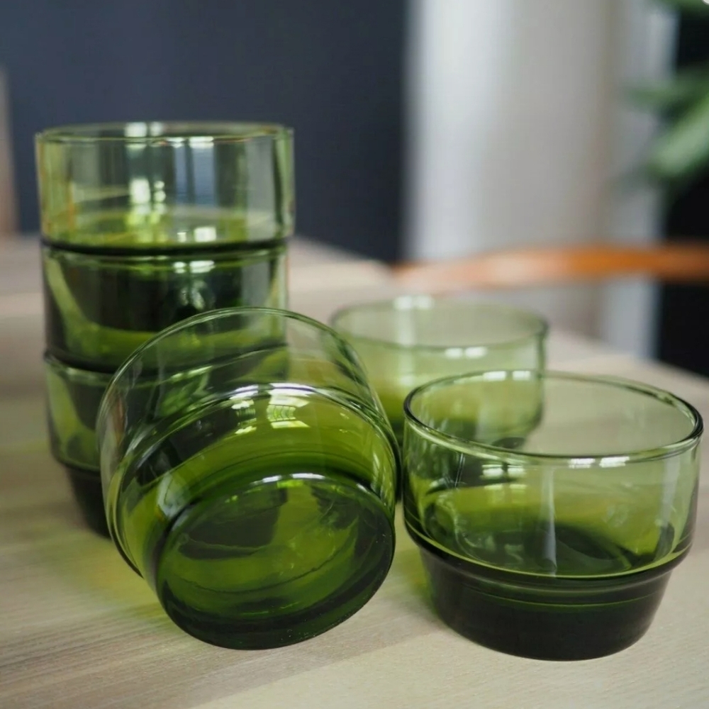 Set of 6 Olive Green Vintage Drinking Glasses MCM